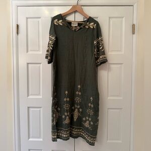 Chic Olive 100% Linen Embroidered Midi Dress